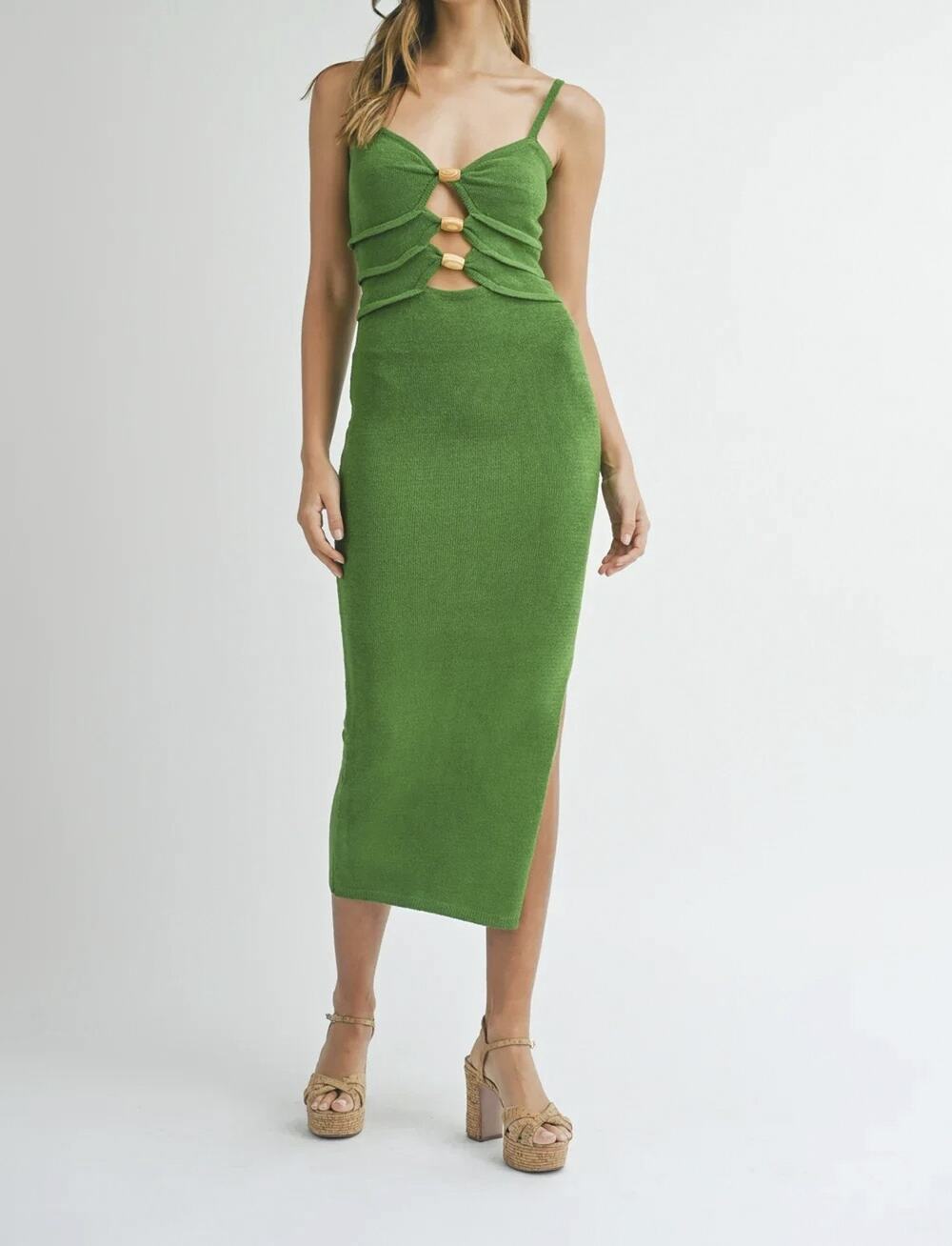 Mable Briley Green Knit Cutout Wood Embellished Bodycon Midi Dress Size Medium